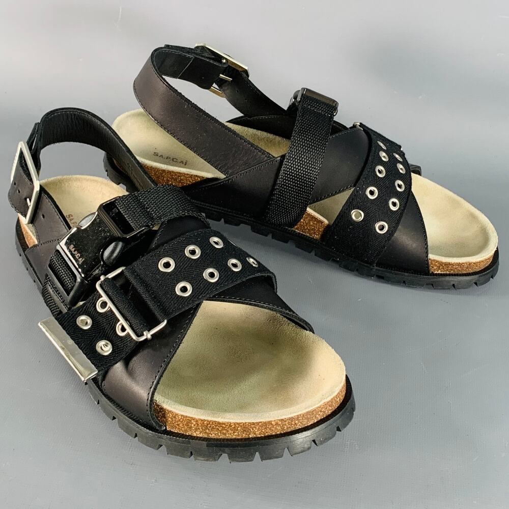 A.P.C. x SACAI Size 11 Jules Black Silver Leather Grommets Sandals